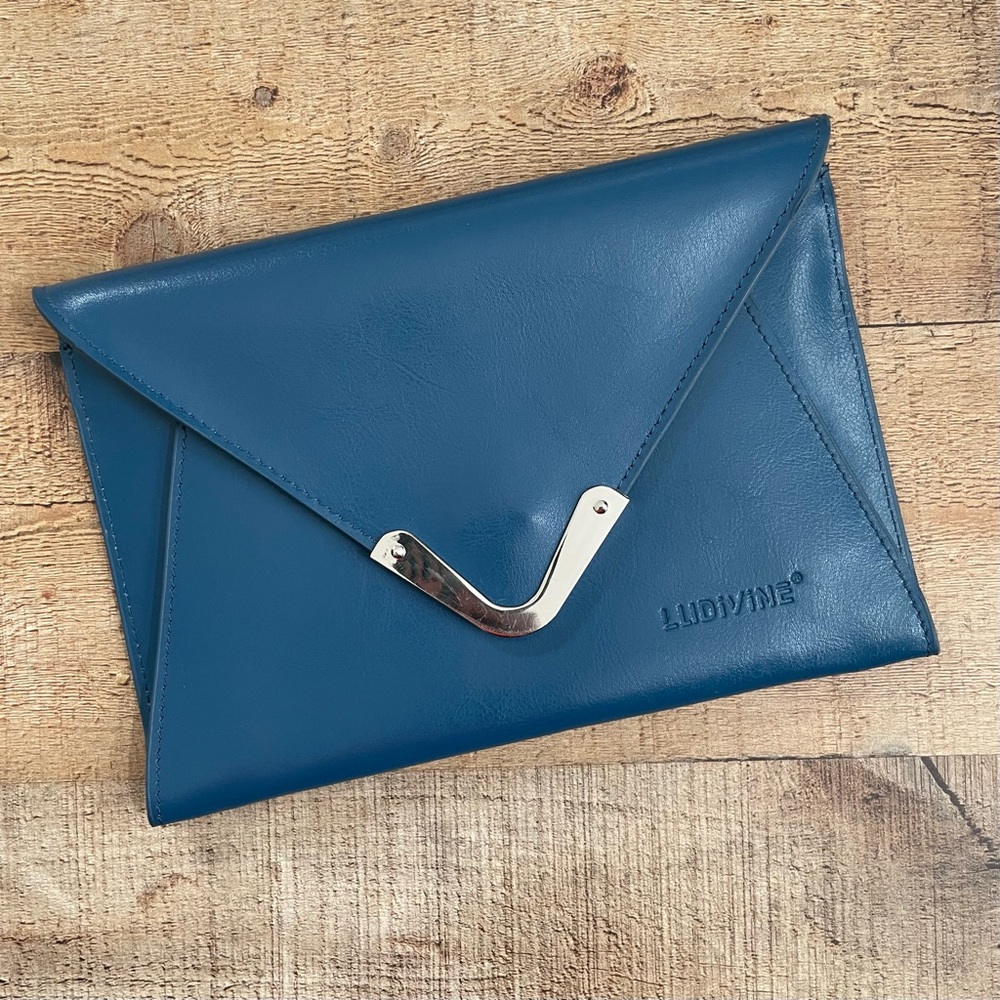 Ludivine Leather Envelope Clutch Purse Teal Blue with Silver Trim Hardware